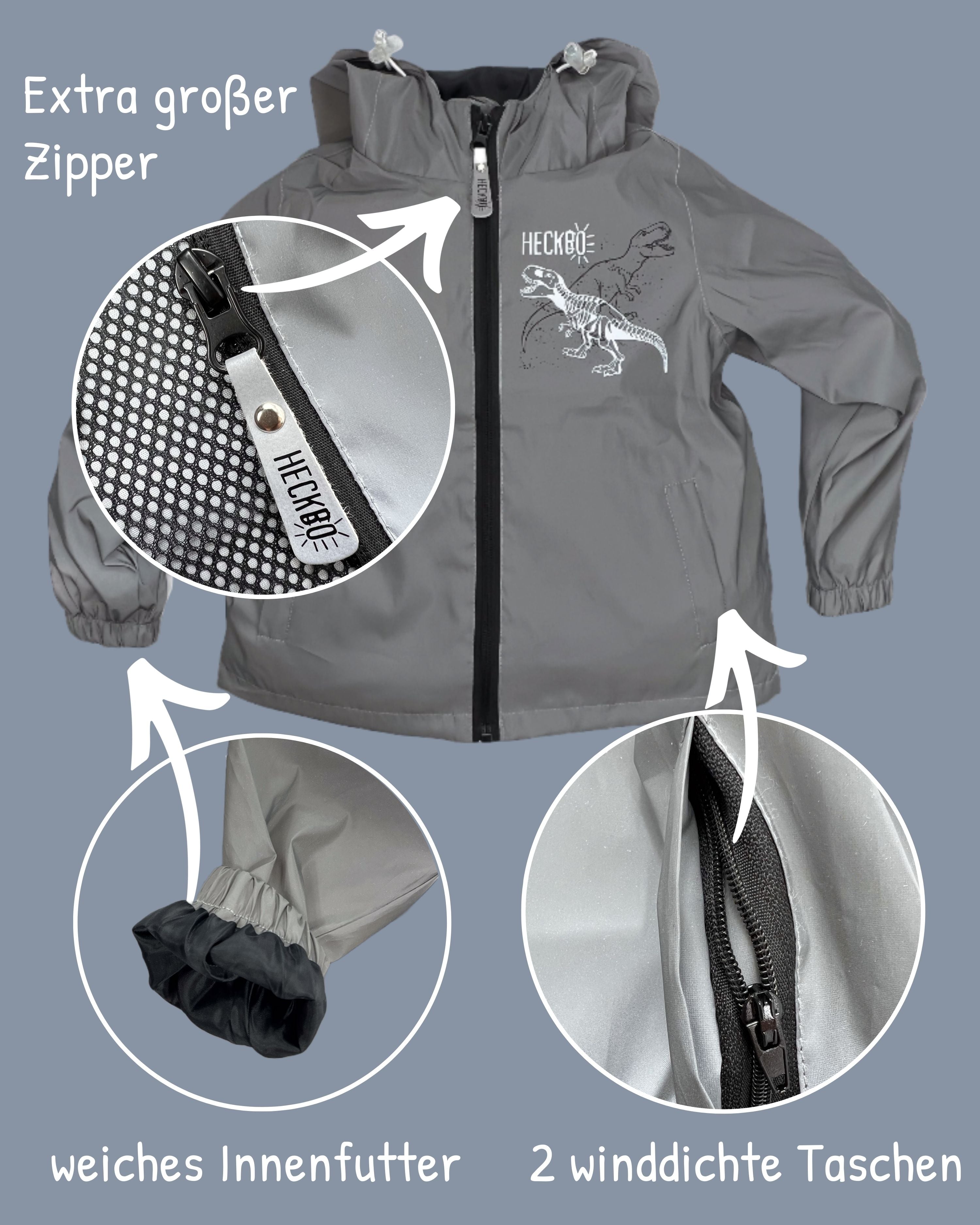 Giacca antipioggia riflettente per bambini con dinosauri